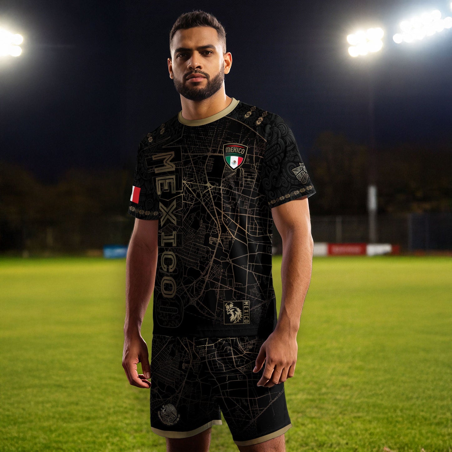 Mexico Soccer Jersey Black Gold City Map & Eagle Emblem