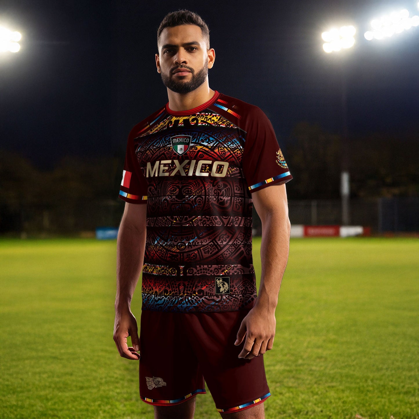 Mexico Soccer Jersey Red Multitone Aztec Calendar & Eagle Crest