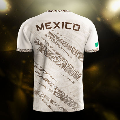 Mexico Beige Aztec Warrior Pyramid Heritage Mens Football Soccer Jersey