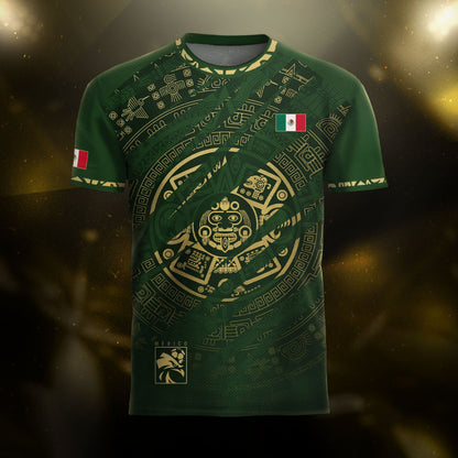 Mexico Green Gold Aztec Calendar National Pride Mens Football Soccer Jersey