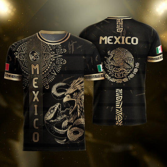 Mexico Soccer Jersey Black Gold Eagle Serpent Aztec Pattern