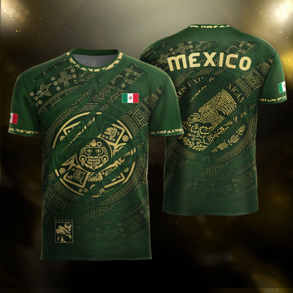 Mexico Green Gold Aztec Calendar National Pride Mens Football Soccer Jersey