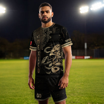 Custom Mexico Jersey Black Gold Eagle Serpent Aztec Warrior Design