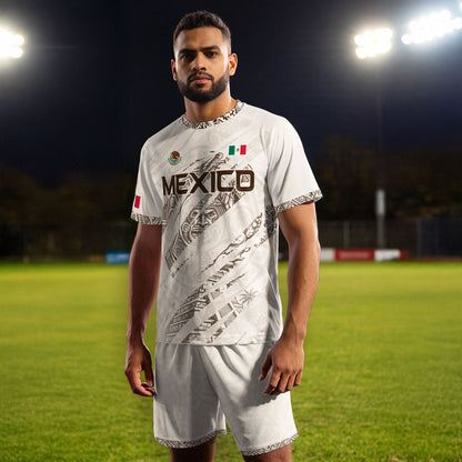 Mexico Beige Aztec Warrior Pyramid Heritage Mens Football Soccer Jersey