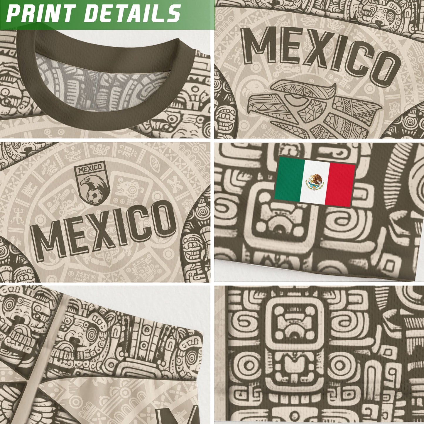 Mexico Aztec Heritage Vintage Beige Olive Eagle Pattern Soccer Jersey