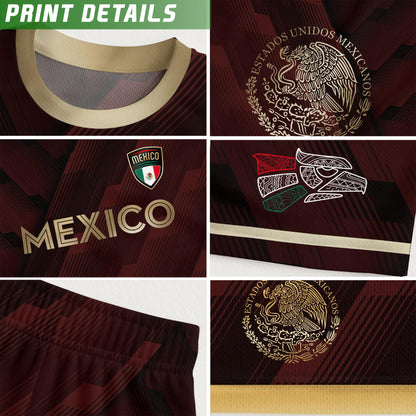 Mexico Burgundy Soccer Jersey with Golden Aztec Sunstone and Eagle Crest