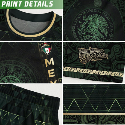 Mexico Soccer Jersey Dark Green Gold Aztec Calendar & Eagle Emblem