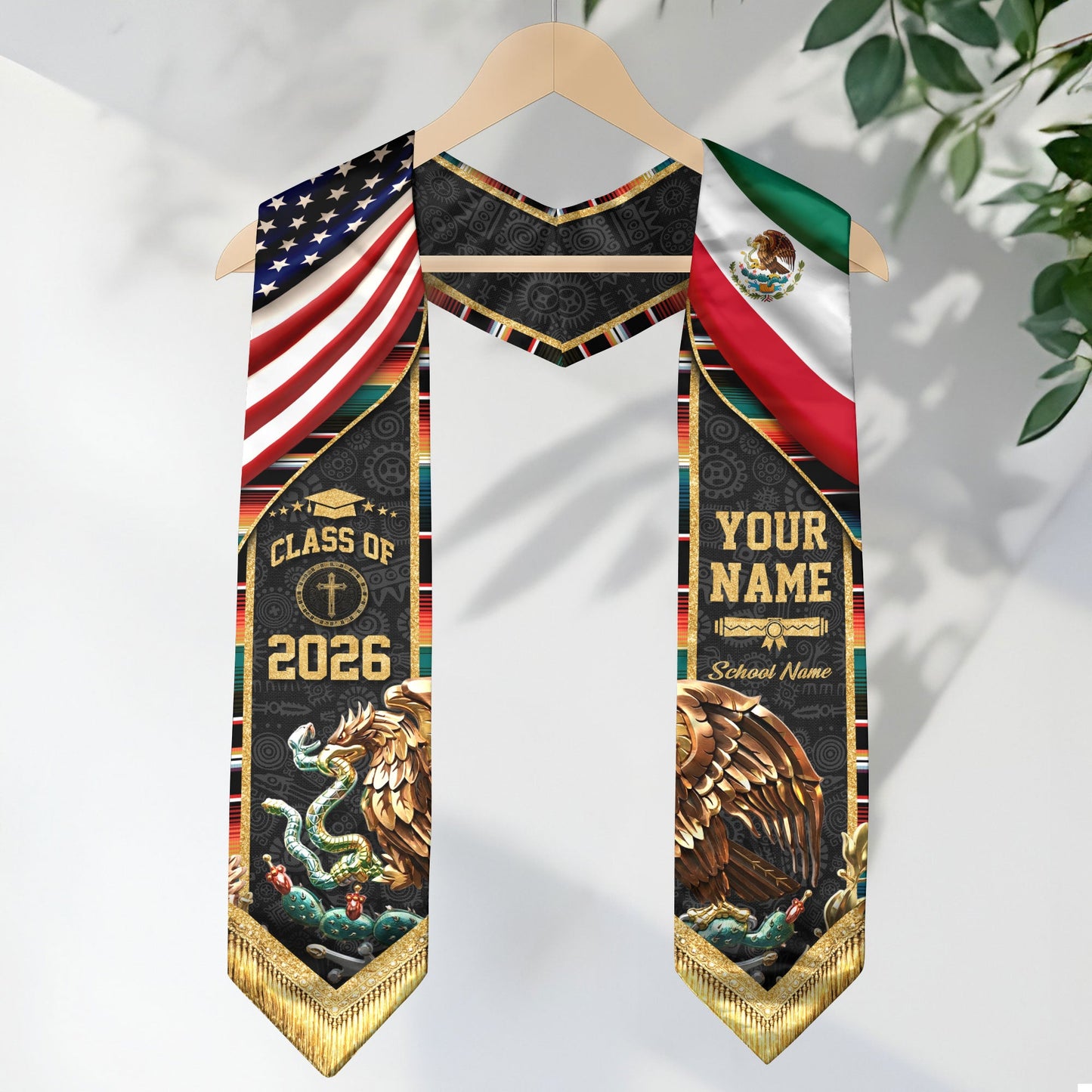 Mexico Graduation Stole 2026 Custom Name School USA Mexican Flag Eagle Heritage Sash