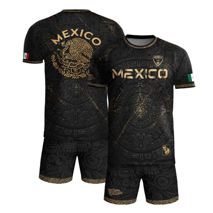 Mexico Black Gold Aztec Calendar Eagle Heritage National Football Soccer Jersey