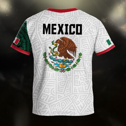 Mexico Kids Soccer Jersey White Green Aztec Pattern Flag Design