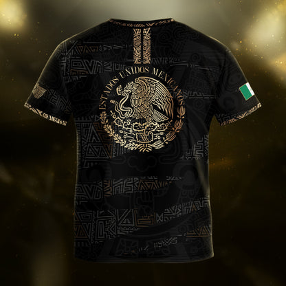Mexico Kids Soccer Jersey Black Gold Aztec Pattern Crest Design