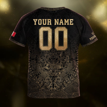 Custom Kids Mexico Soccer Jersey Black Gold Aztec Temple Design