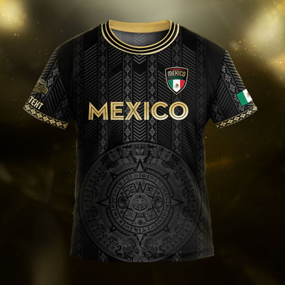 Custom Mexico Kids Soccer Jersey Black Gold Aztec Calendar Design