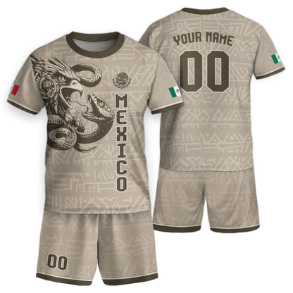 Custom Mexico Kids Soccer Jersey Beige Aztec Eagle & Serpent Heritage Design