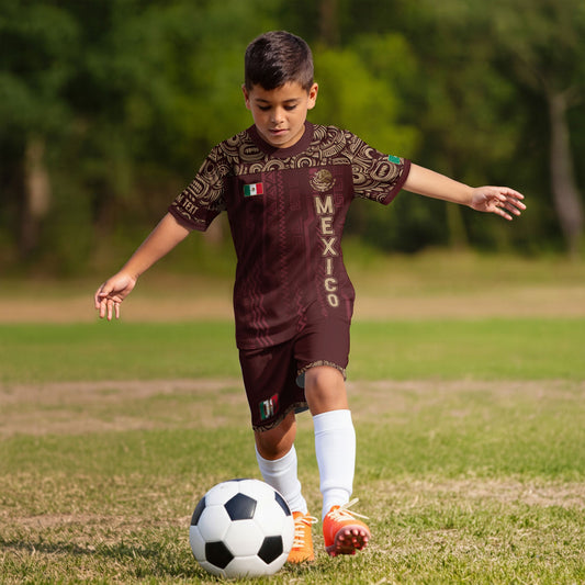 Custom Mexico Kids Soccer Jersey Red Aztec Warrior Style