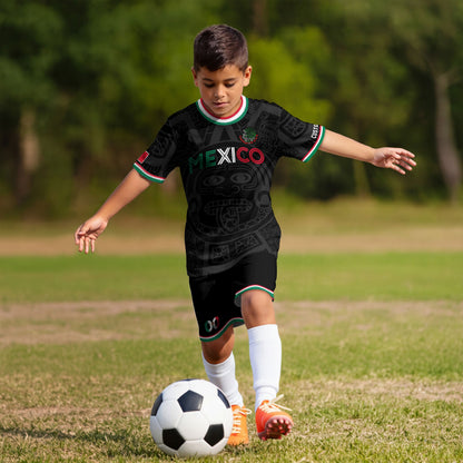 Custom Mexico Kids Soccer Jersey Black Heritage Pattern
