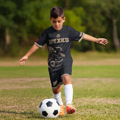 Custom Mexico Kids Soccer Jersey Black Gold Aztec Eagle Serpent Design