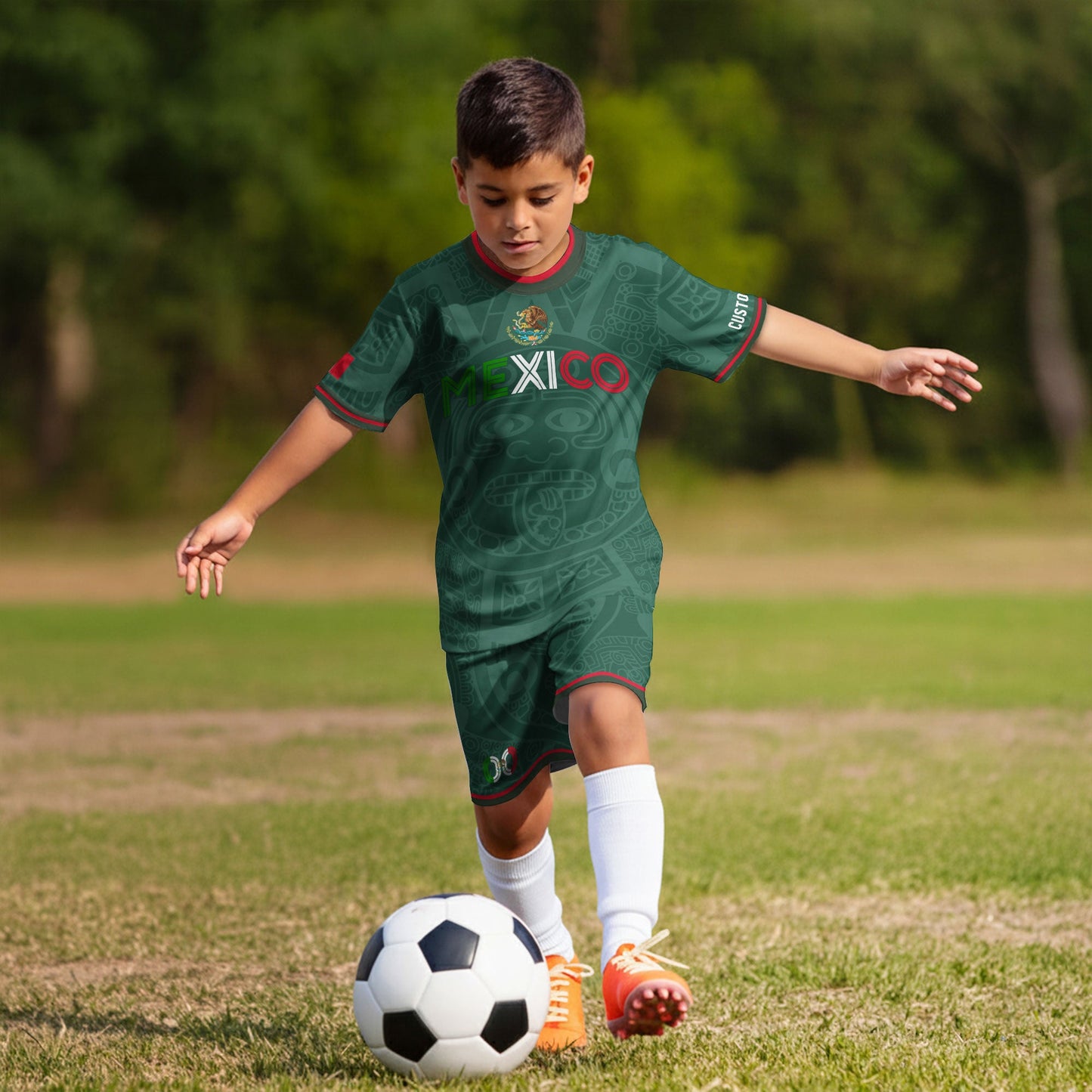 Custom Mexico Kids Soccer Jersey Green Heritage Flag Aztec Pattern Design