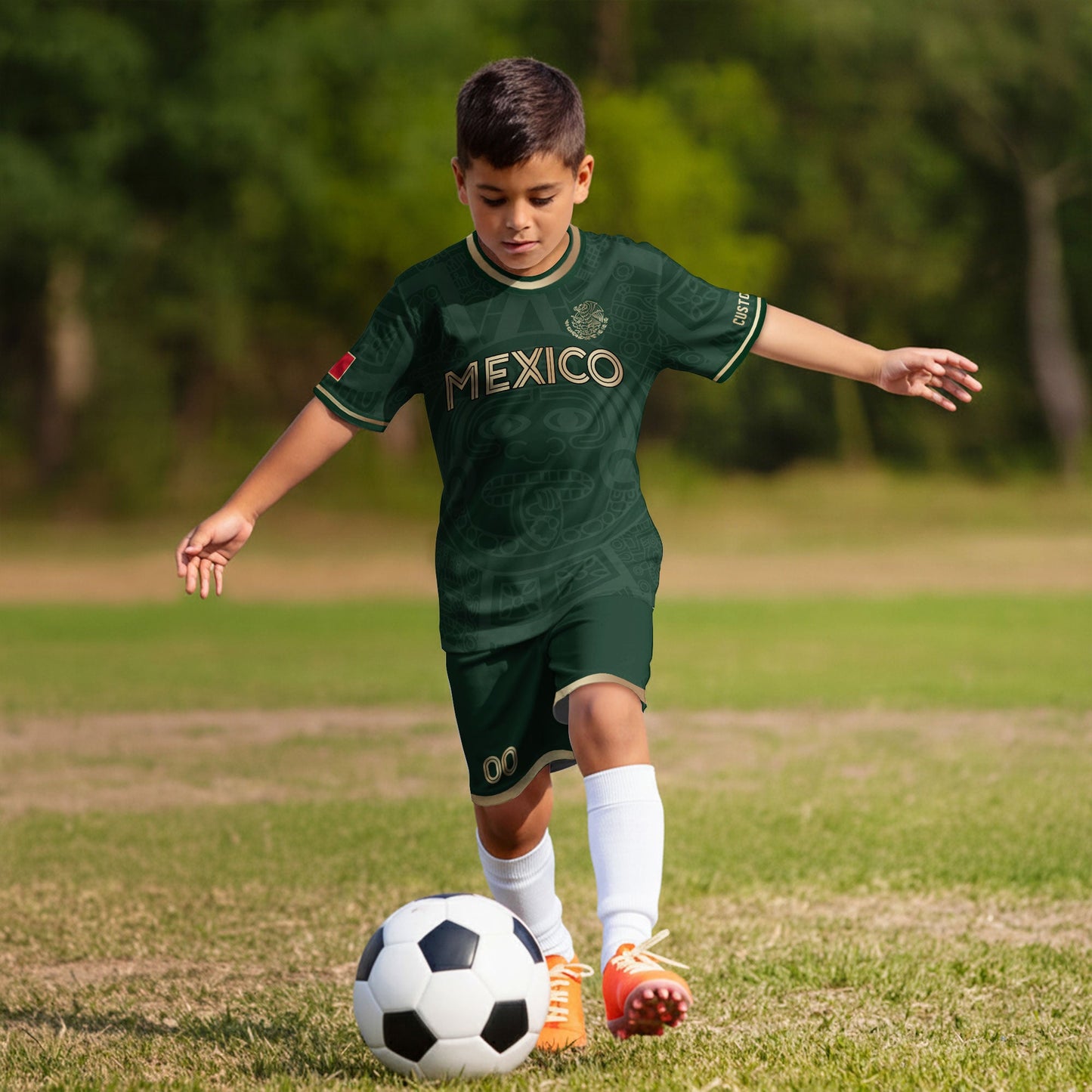 Custom Mexico Kids Soccer Jersey Green Gold Aztec Calendar Heritage Design