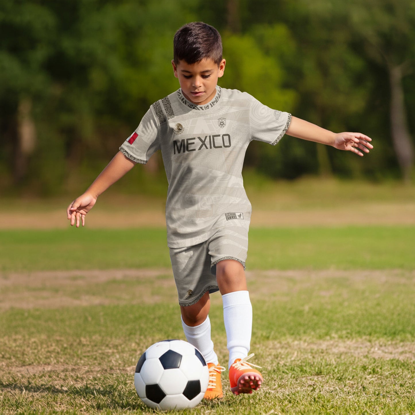 Mexico Kids Soccer Jersey Beige Aztec Eagle Design