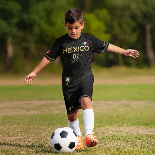 Custom Kids Mexico Soccer Jersey Black Gold Heritage Pattern Design