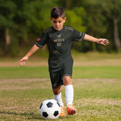 Custom Kid Mexico Black Aztec Eagle Heritage Soccer Jersey