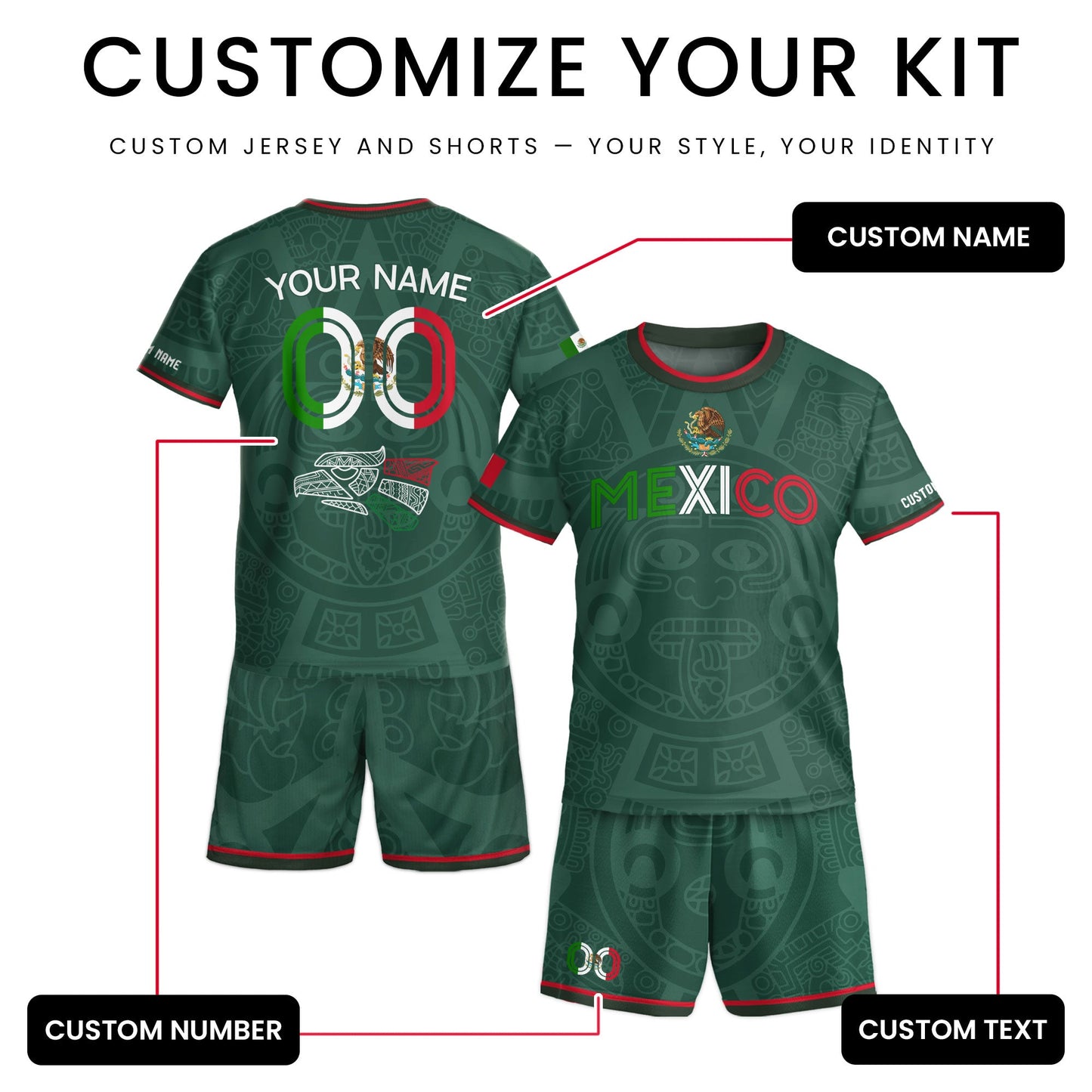 Custom Mexico Kids Soccer Jersey Green Heritage Flag Aztec Pattern Design