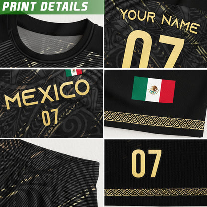 Custom Kids Mexico Soccer Jersey Black Gold Heritage Pattern Design
