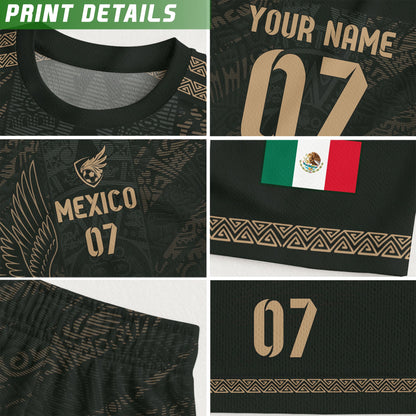 Custom Kid Mexico Black Aztec Eagle Heritage Soccer Jersey
