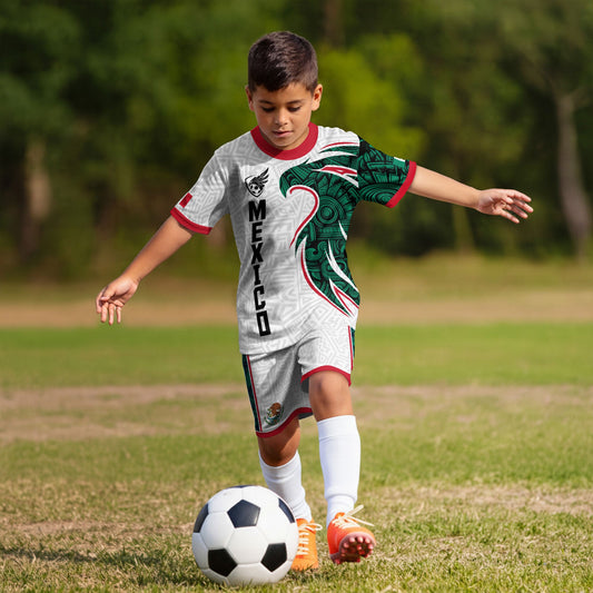 Mexico Kids Soccer Jersey White Green Aztec Eagle Design