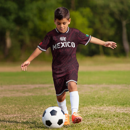 Mexico Kids Soccer Jersey Burgundy Aztec Pattern Crest Design