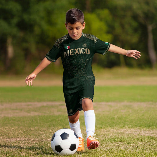 Mexico Kids Soccer Jersey Green Gold Map Aztec Design