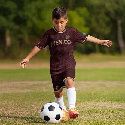 Mexico Kids Soccer Jersey Burgundy Gold Aztec Calendar Eagle Design