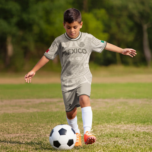 Mexico Kids Soccer Jersey Beige Gold Aztec Calendar Eagle Design