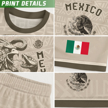 Mexico Kids Soccer Jersey Beige Brown Aztec Eagle Serpent Design