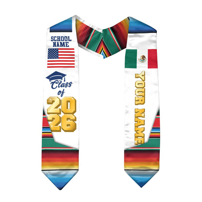 Custom Mexican Graduation Stole 2026 Aztec Pattern USA Mexico Flag Sash