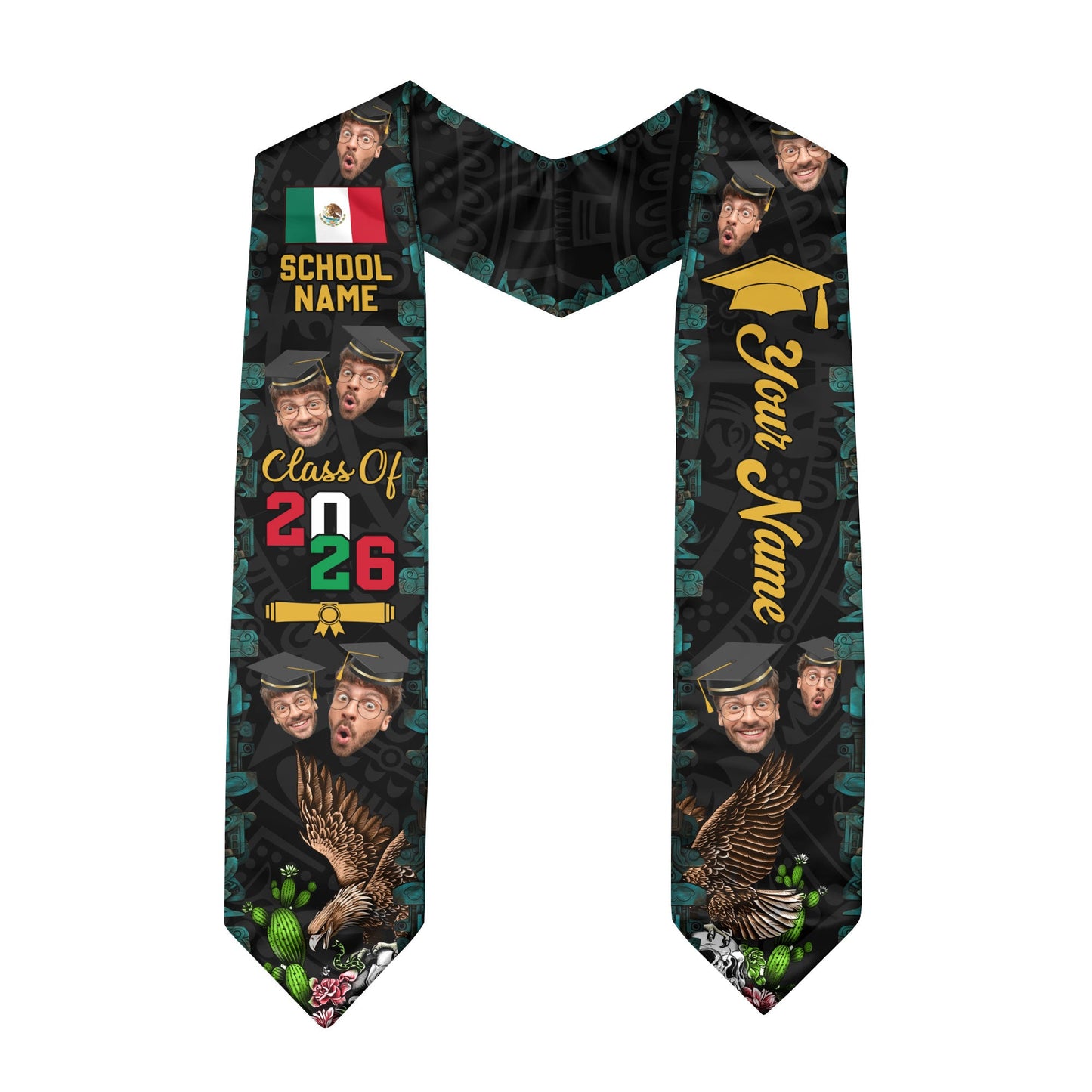 Custom Photo Graduation Stole Mexico Aztec 2026, Mexican Sash for Standout Graduate