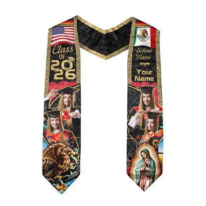 Custom Photo Mexican Stoles for Graduation 2026 Aztec Eagle & Virgin Mary USA Flag Sash