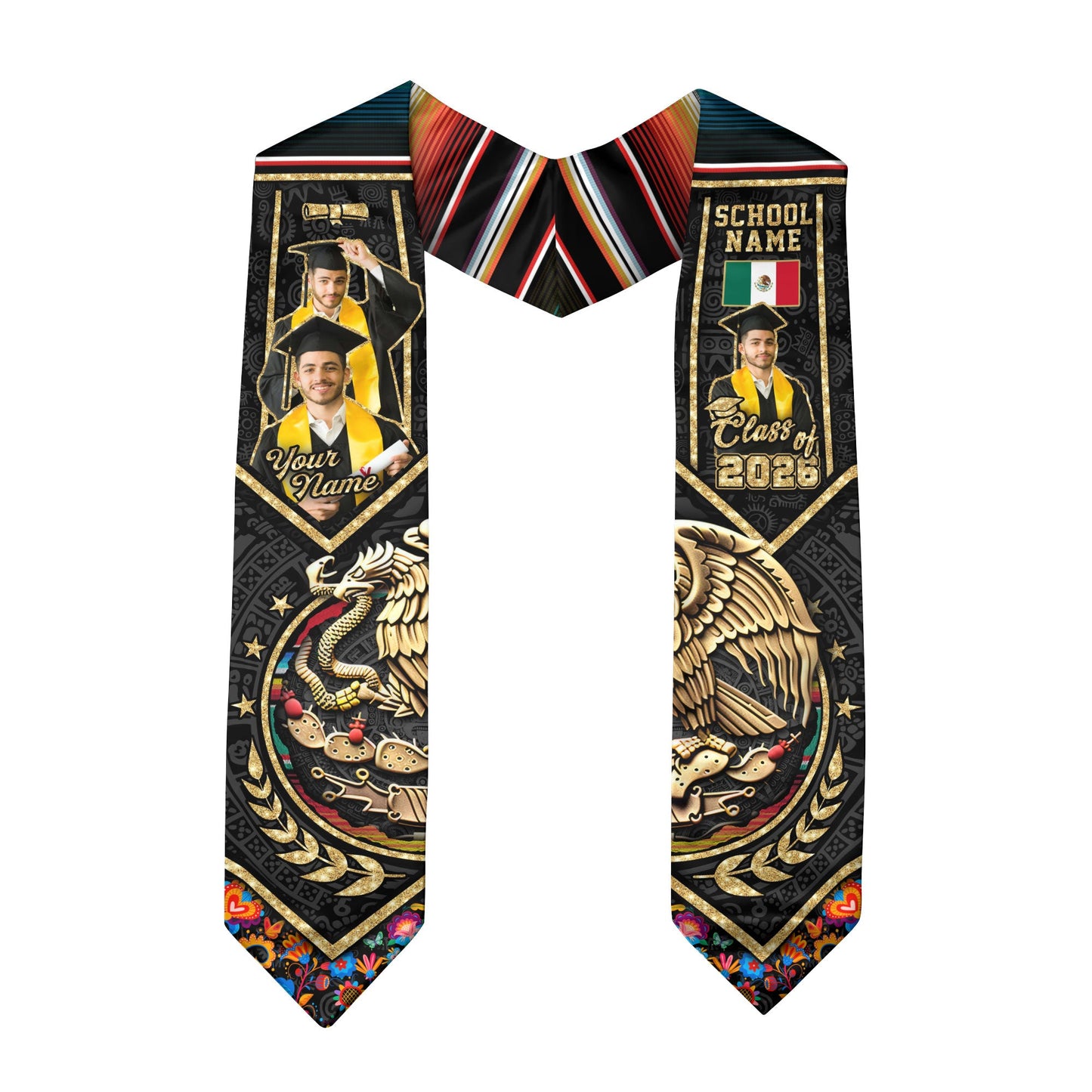 Custom Photo Mexican Graduation Stole 2026 Aztec Eagle Gold Serape Graduation Sash Mexico