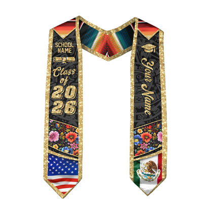 Custom Class of 2026 Graduation Stole – Personalized USA & Mexico Flag Senior Sash with Floral Gold Design