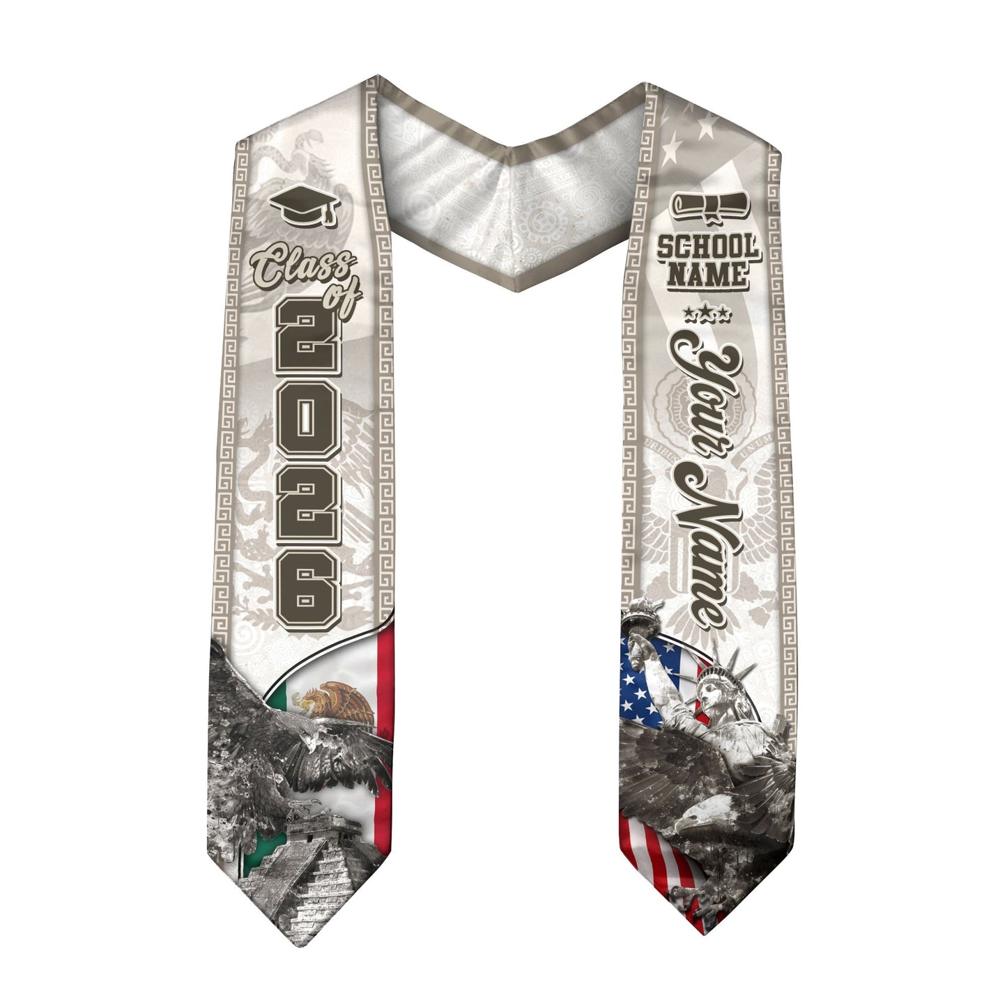 Class of 2026 Silver Graduation Stole – USA & Mexico Pride Senior Sash with Eagle & Statue Design