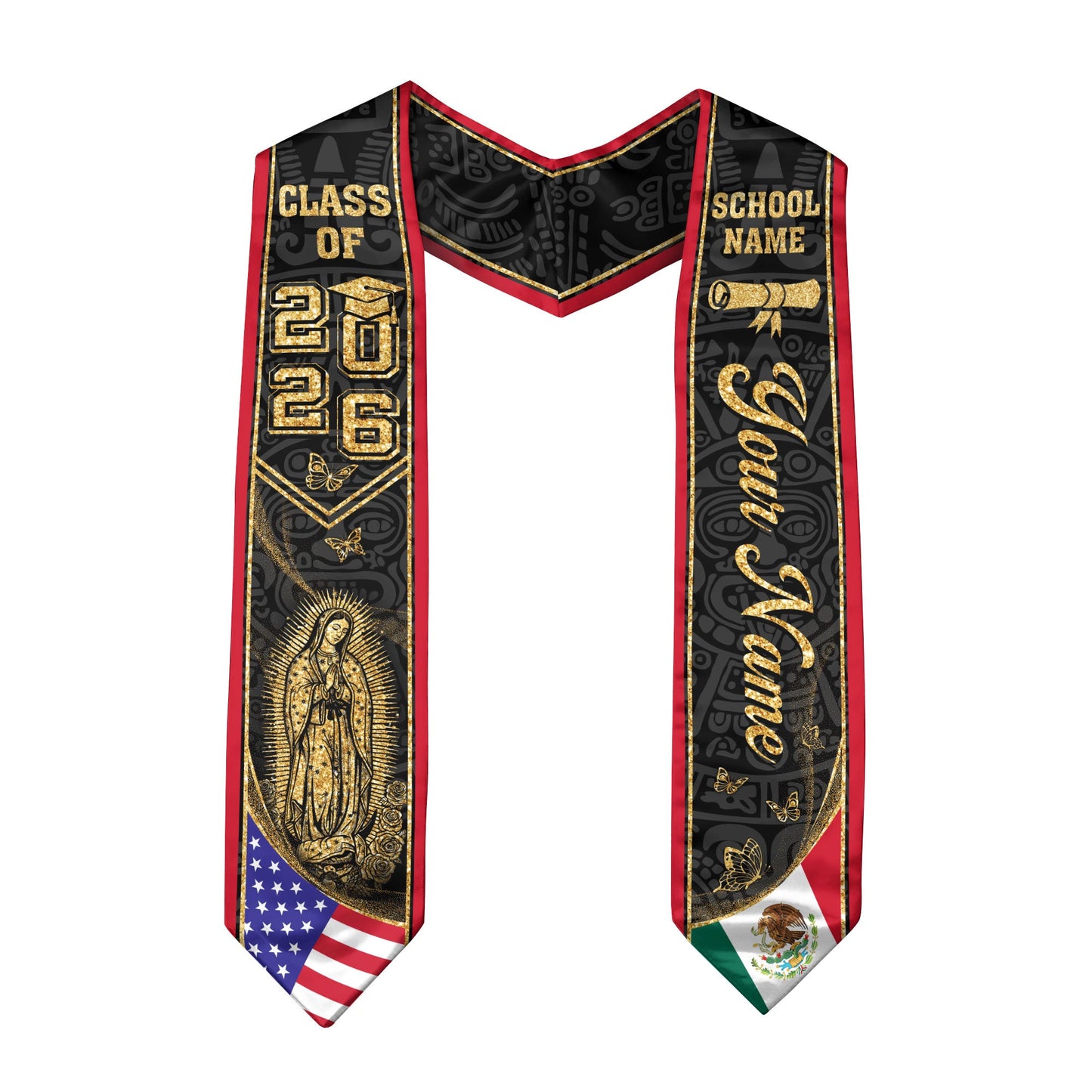 Custom Mexico Graduation Stole Class of 2026 Virgen de Guadalupe Butterfly Name Sash