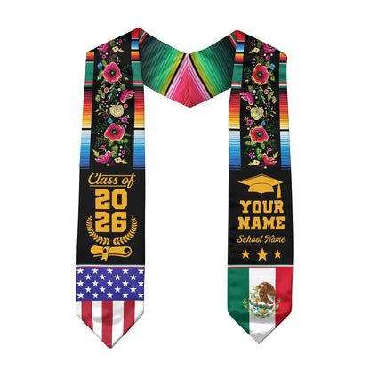 Custom Mexican Graduation Stole Mexico USA Flag Serape Floral Class 2026