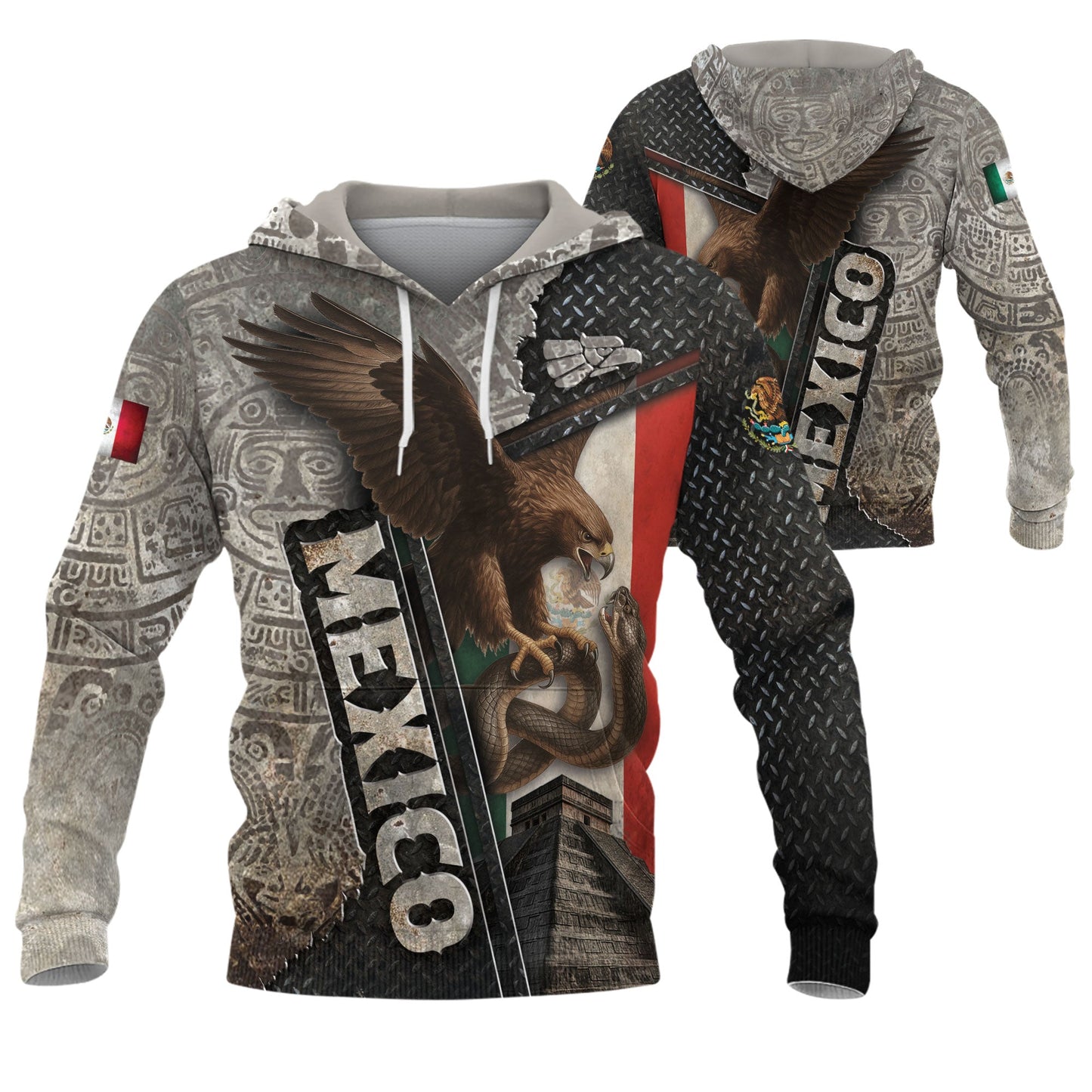 Mexico Flag Eagle Serpent Aztec Pyramid Stone Steel Heritage Warrior Pride Hoodie