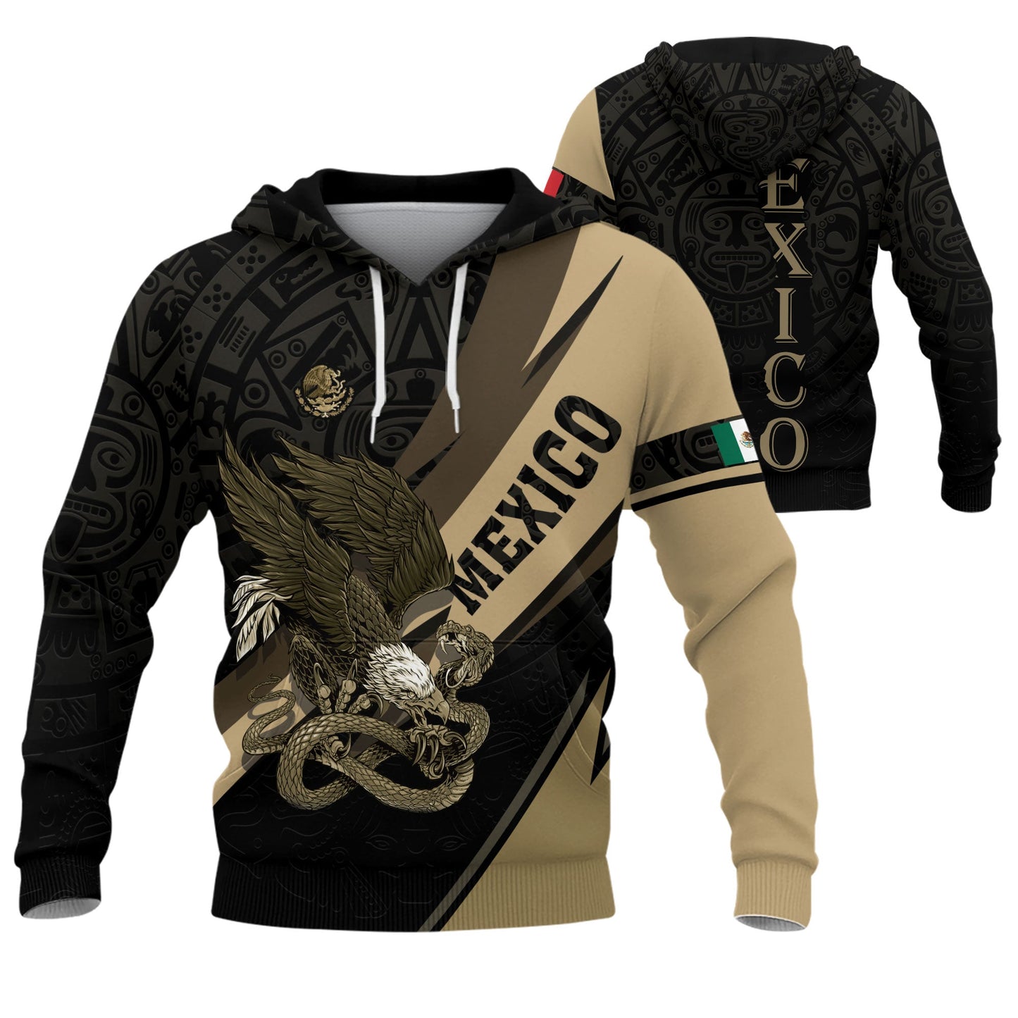 Mexican Sand Gold Eagle Snake Aztec Calendar Heritage Mens Sudadera Hoodie