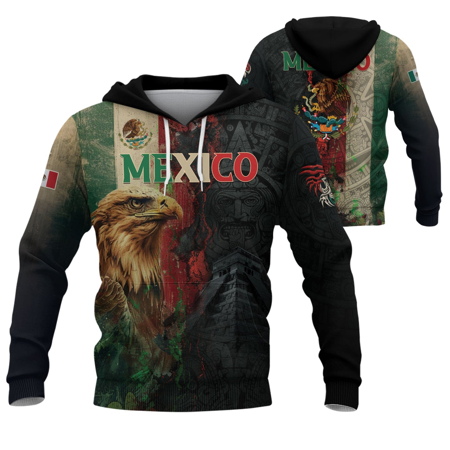 Mexican Black Eagle Flag Aztec Pyramid Heritage Mens Sudadera De Mexico Hoodie