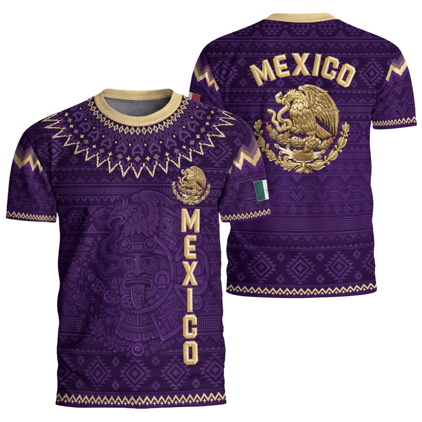Mexico Heritage Soccer Jersey, Purple Gold Aztec Calendar Design Sports Jersey for Men