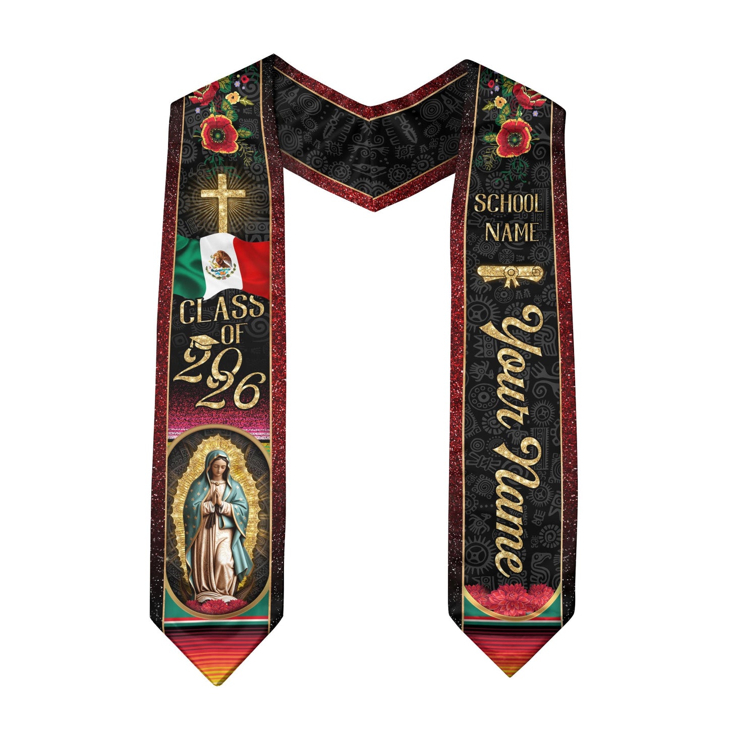 Custom Mexican Graduation Stole Class of 2026 Aztec Pattern Mexico Sash Virgin Mary