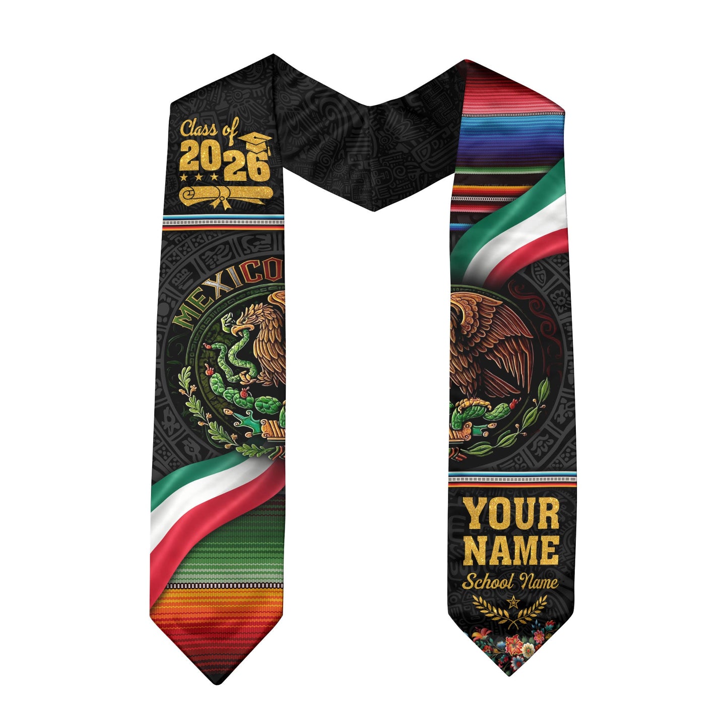 Mexican Graduation Stole Aztec Eagle Flag Serape Custom Mexico Sash 2026 Floral Crest