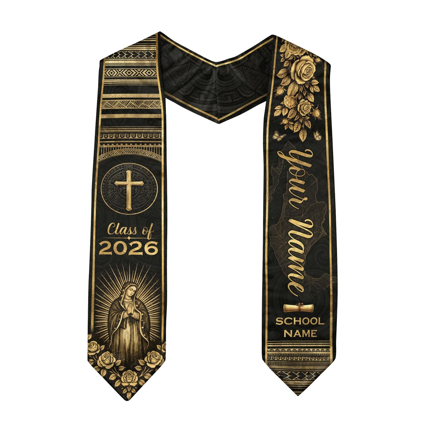 Mexican Graduation Stole Aztec Pattern Cross Virgin Mary Gold Rose Custom Sash 2026